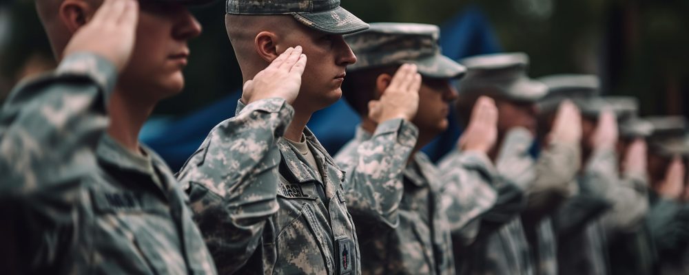 Group of army men saluting American flag generated by artificial intelligence