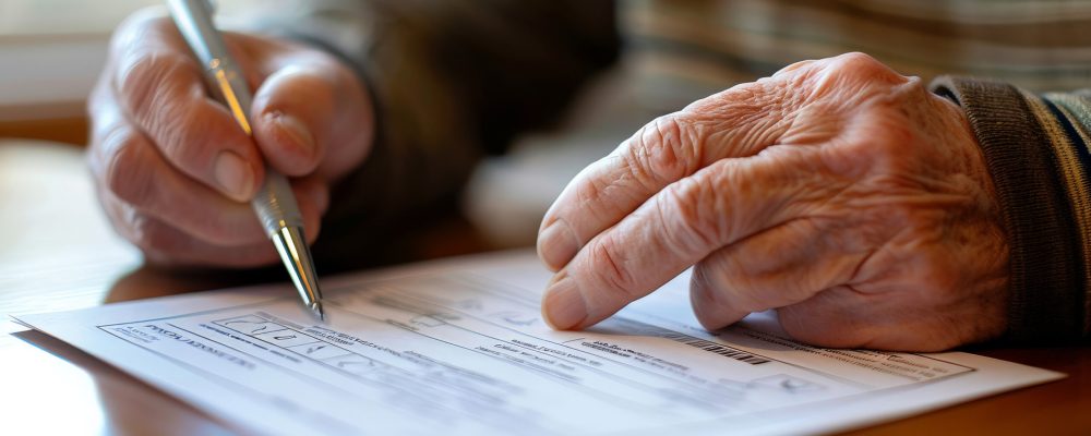 Person filling out a mail-in ballot at home, pen in hand and focused expression